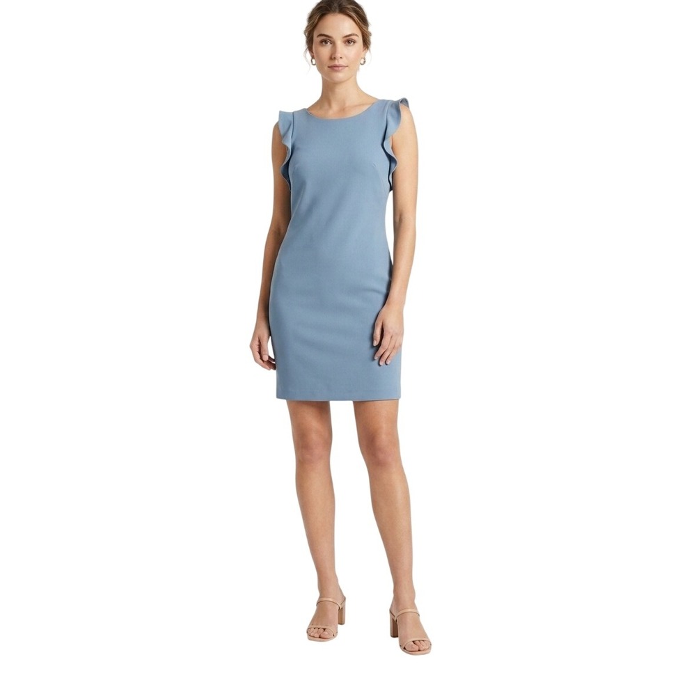 Calvin Klein Sky Blue Ruffle Flutter Sleeve Sheath Shift Dress Wedding Guest 12